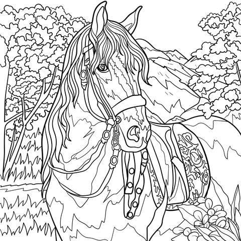 Horse in Scenic Landscape Coloring Page