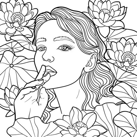 Coloring Page of a Woman Surrounded by Lotus Flowers