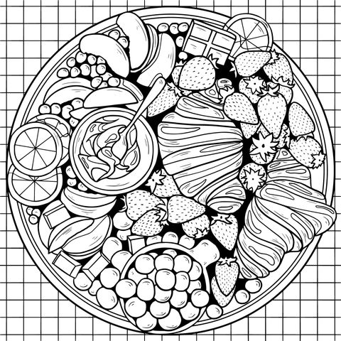 Colorful Fruits and Pastries Coloring Page