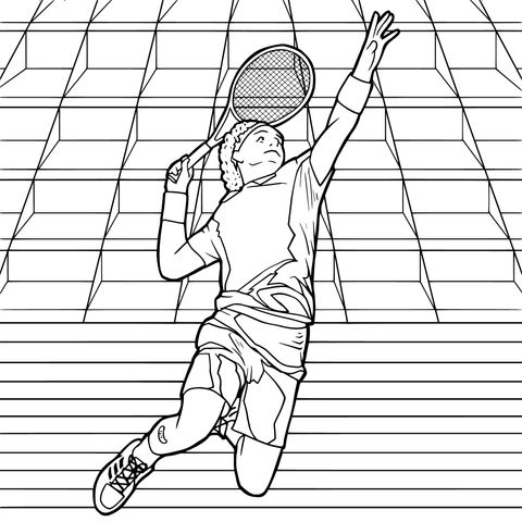 Tennis Player Coloring Page: Dynamic Serving Moment