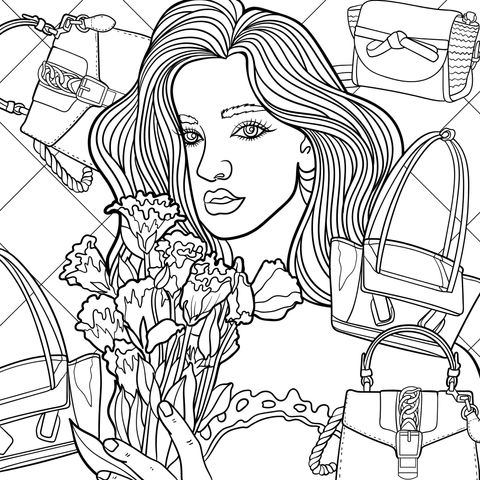 Fashionable Woman with Handbags and Flowers Coloring Page