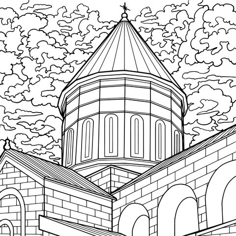 Church Building Coloring Page under a Colorful Sky