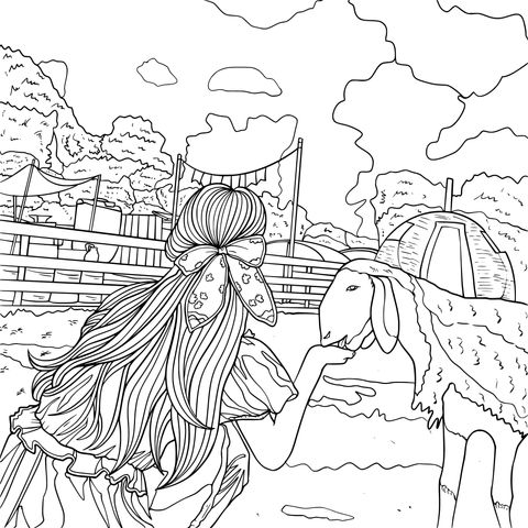 Coloring Page of a Girl Interacting with a Sheep