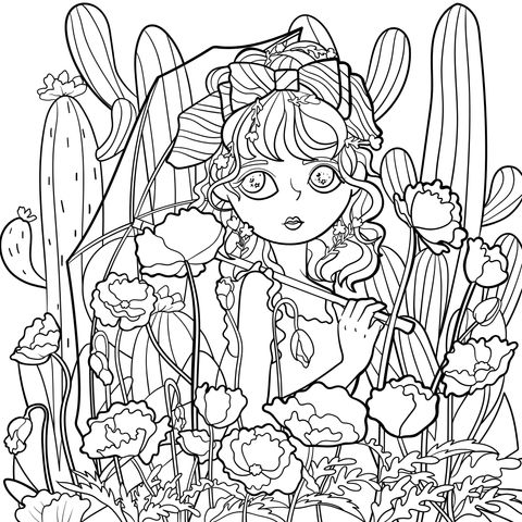 Coloring Page of a Girl Holding an Umbrella among Flowers and Cacti