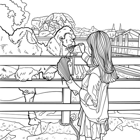 Girl Feeding Alpaca Coloring Page