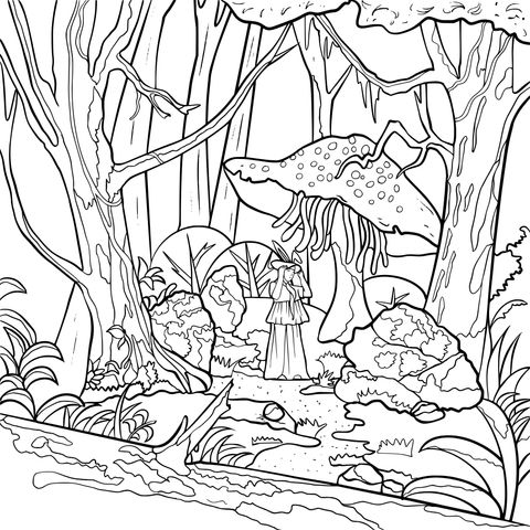 Fairytale Character Coloring Page in a Magical Forest