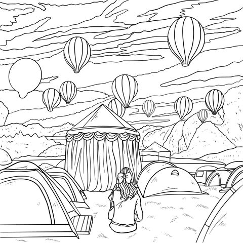 Camping and Hot Air Balloons Coloring Page