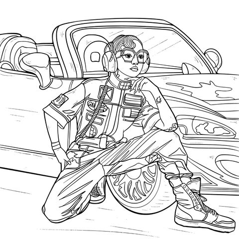 Fashionable Girl and Pink Convertible Coloring Page