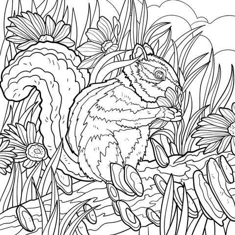 Squirrel Admiring Flowers Coloring Page