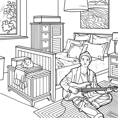 Coloring Page of a Person Playing Guitar in a Bedroom