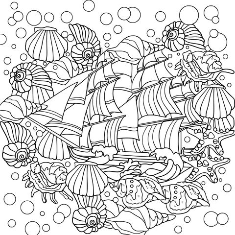 Página para colorir de tema marinho: Navio a Vela e Conchas