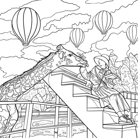 A lady interacting with a giraffe under hot - air balloons