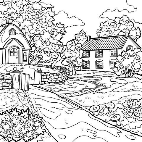 Rural Cottage Landscape Coloring Page