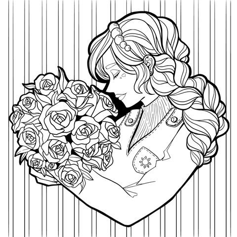 Coloring Page of a Girl Holding Red Roses