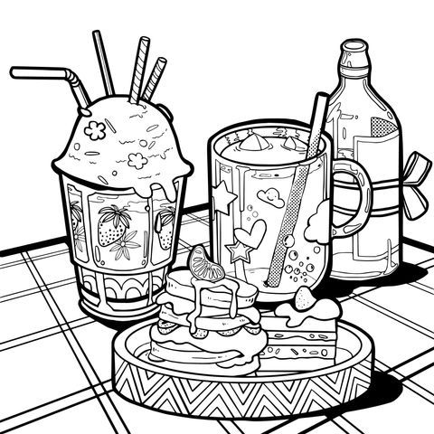 カラフルな飲み物とデザートの塗り絵