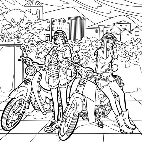 Fashionable Girls with Scooters Coloring Page