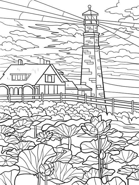 Lighthouse and Lotus Pond at Dusk