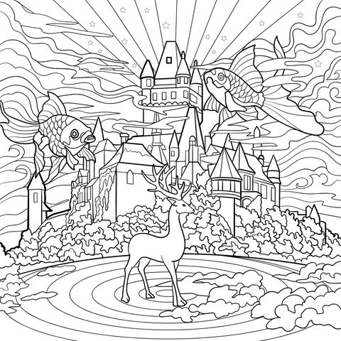 Fantasy Castle and Animals Coloring Page