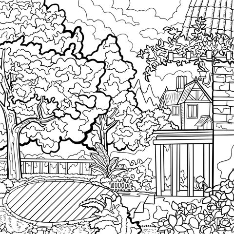 Beautiful Courtyard Landscape Coloring Page