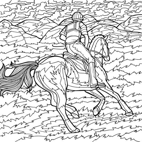 Coloring Page of a Rider Galloping on a Horse