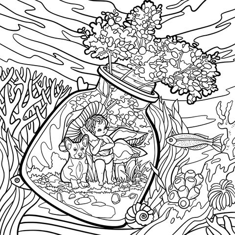 Fantasy World - in - a - Bottle Coloring Page