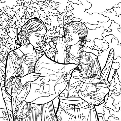 Coloring Page of Girls on an Outdoor Adventure