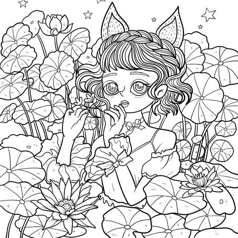 Dreamy Cat - eared Girl and Lotus Pond Coloring Page