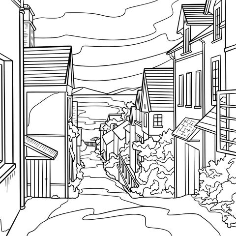 Coloring Page of a Colorful Street Scenery