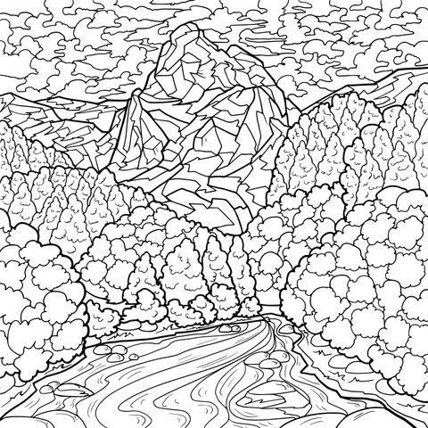 Página para Colorir de Paisagem de Montanhas e Rios