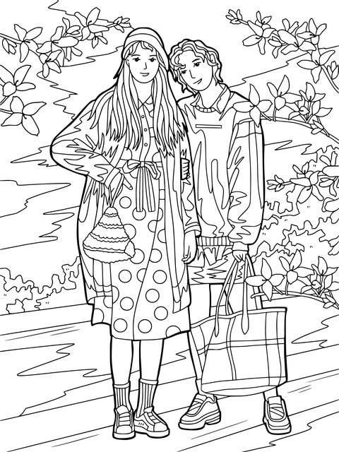 Couple Strolling Outdoors Coloring Page