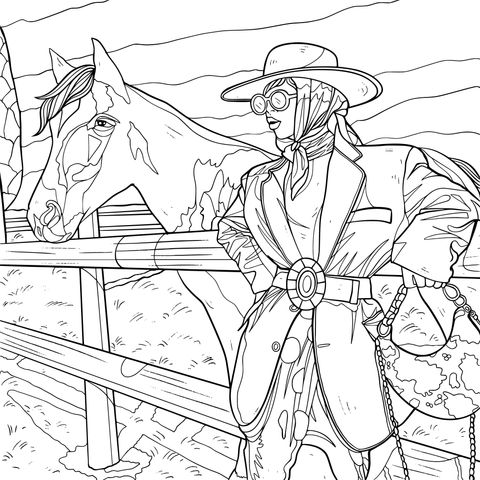 Fashionable Cowgirl and Horse Coloring Page