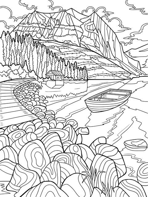 Mountain - Lake Coloring Page: Peaceful Cabin and Boat