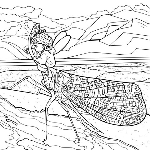 Fantasy Coloring Page of a Child Riding a Mantis