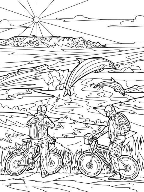 自転車とイルカの風景の塗り絵ページ