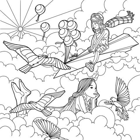 Dreamy Flight Coloring Page: Girl Soaring on a Paper Airplane