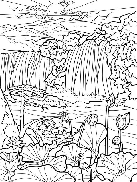 Nature Scenery Coloring Page: Waterfall and Lotus Pond