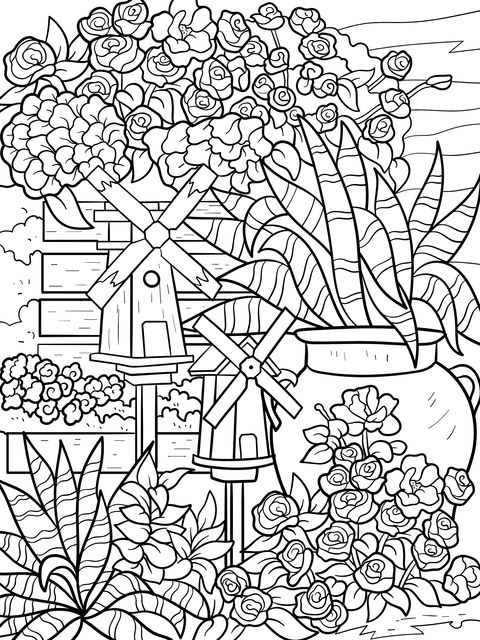 Coloring Page of Colorful Flowers and Windmills