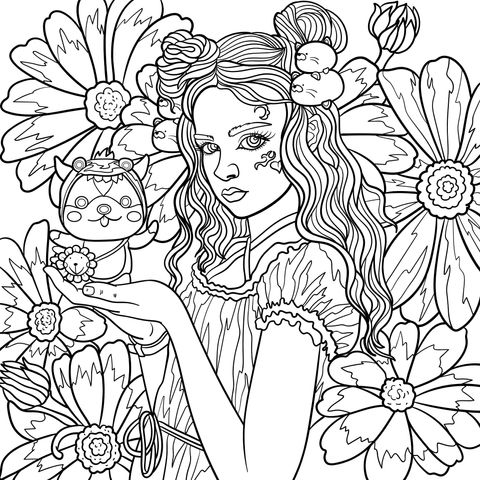 Dreamy Girl and Adorable Pet Coloring Page