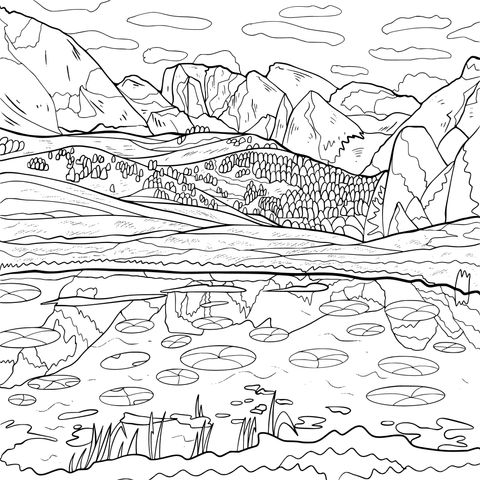 Beautiful Mountain - Water Landscape Coloring Page