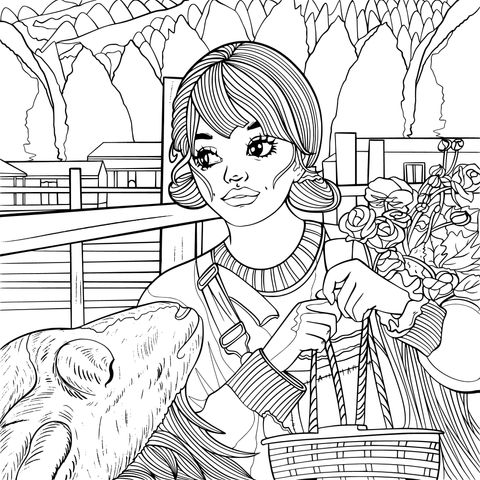 Rural Girl with a Basket and a Puppy