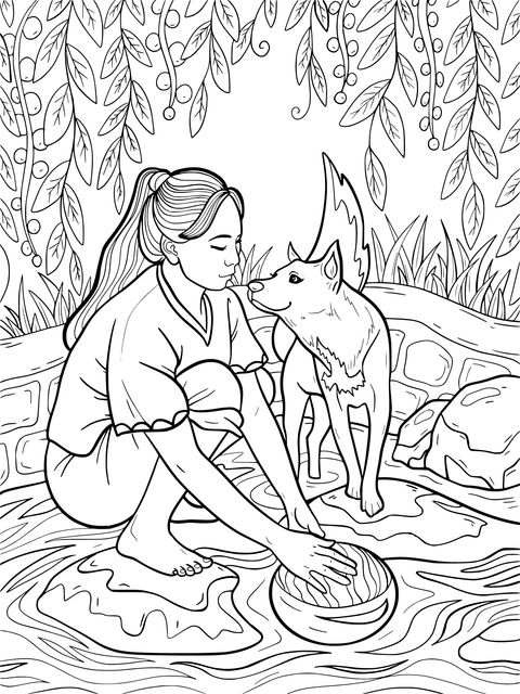 Girl and Dog by the Stream