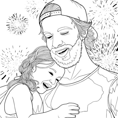 Página de colorear del cálido momento de padre e hija con fuegos artificiales