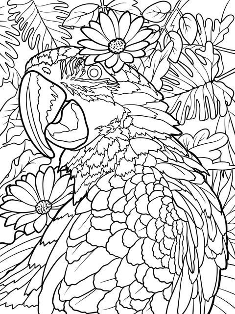 Gorgeous Parrot and Flower Coloring Page