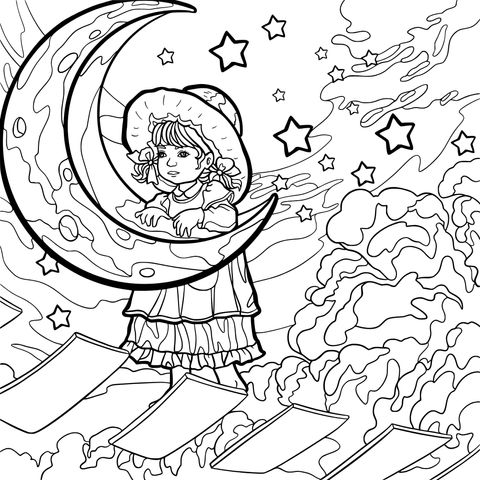 Dreamy Star - Moon Little Girl Coloring Page