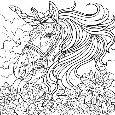 Página para colorear de unicornio: Melena preciosa con flores en flor