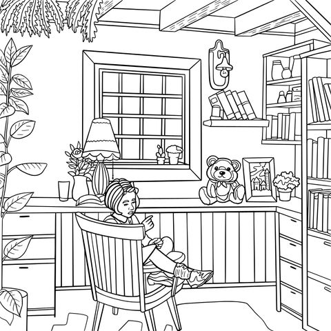 Coloring Page Scene of a Girl in a Cozy Room