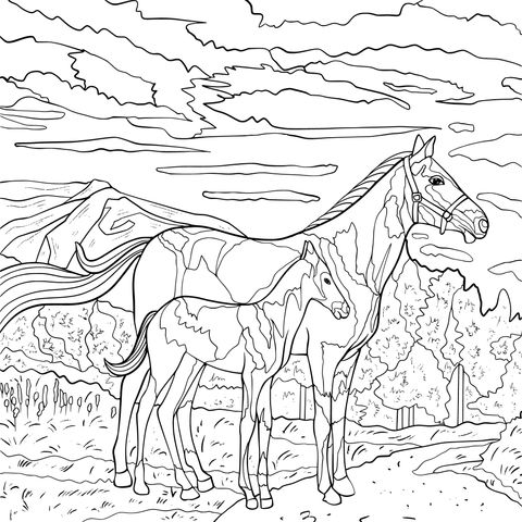 Página para colorear de paisaje de caballo madre y potro