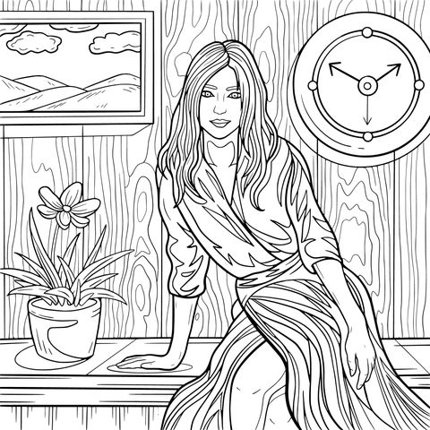 Coloring Page of a Lady's Indoor Pose