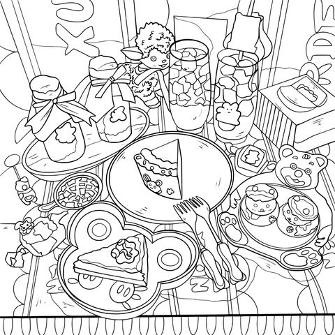 Coloring Page of Adorable Desserts and Dolls