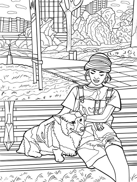 Coloring Page of a Girl and a Corgi on a Park Bench